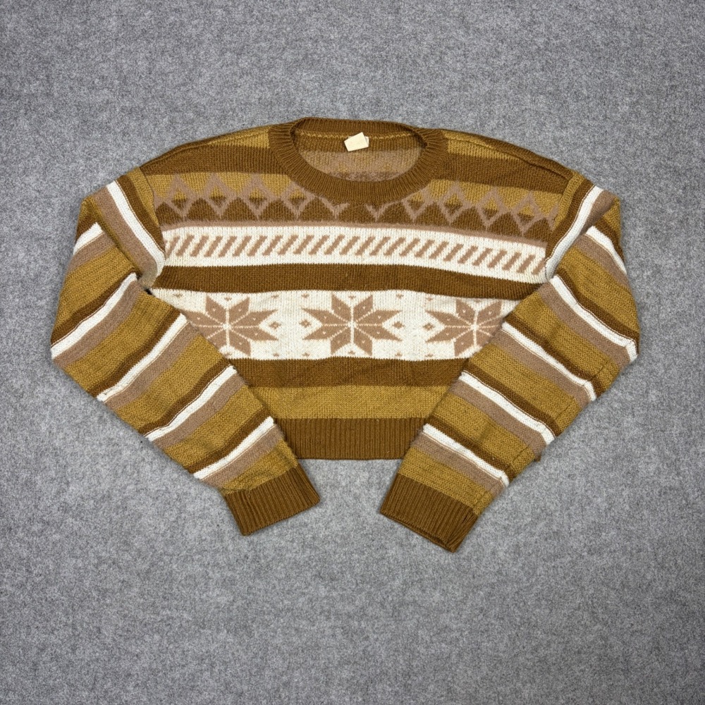 Urban Outfitters Fair Isle Cropped Sweater Brown Mustard Snowflake Knit Medium